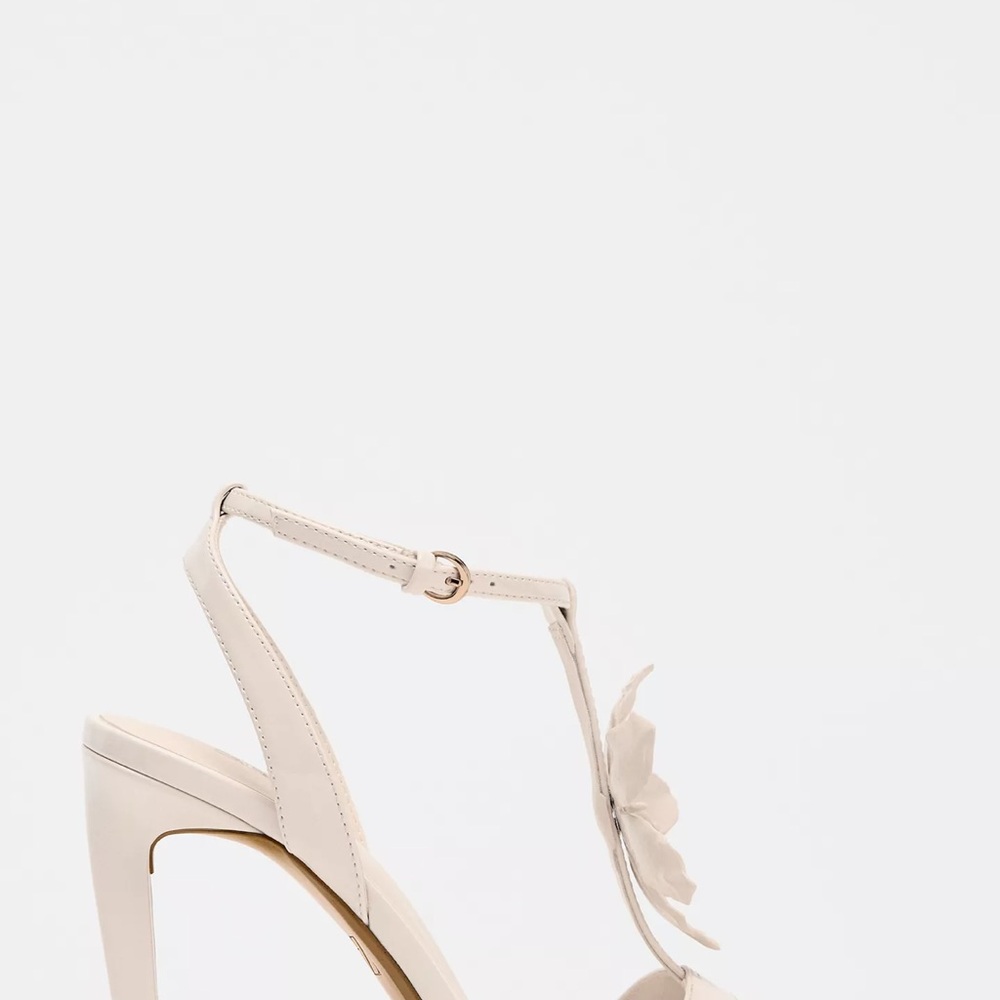 Zara Cream T-Strap Heeled Sandals with Floral Accent